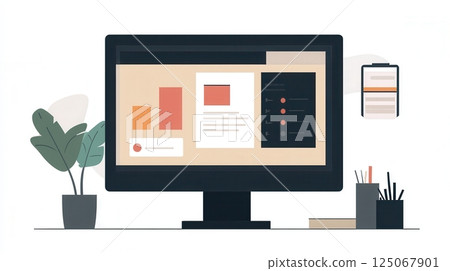 A digital screen displays a modern online grocery order summary with a professional layout, featuring elements like charts and detailed listings. 125067901