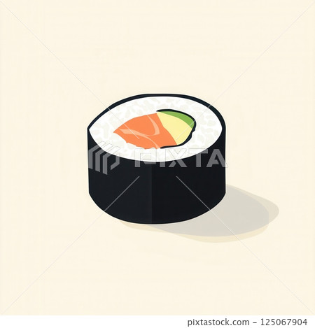 Sushi roll with salmon and avocado depicted in a clean minimal style using pastel tones, ideal for modern branding in Japanese cuisine. Sushi roll with salmon and avocado depicted in a clean minimal style using pastel tones, ideal for modern branding in Japanese cuisine. 125067904