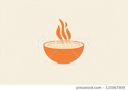 Cozy logo of a soup bowl with steam, in warm orange and beige, evoking comfort in culinary settings. 125067909