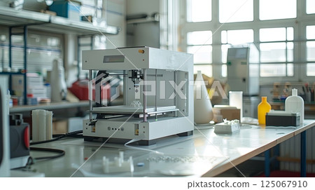 A modern laboratory features a 3D printer actively working on product prototypes. 125067910