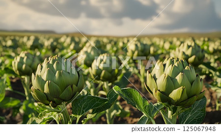 Field with growing artichokes, farm, organic produce, plants, agriculture 125067948