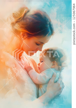 Mum gently hugs her baby, mother's day 125067964