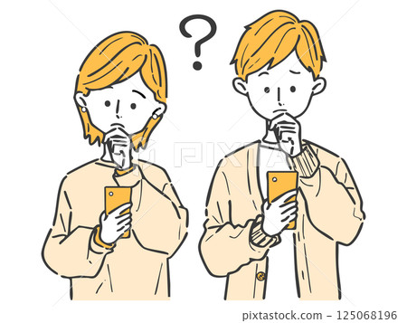 Men and women looking at smartphones and having doubts, upper body, vector Men and women looking at smartphones and having doubts, upper body, vector 125068196