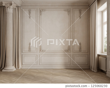 Classic beige empty interior with column, moldings, curtains and parquet wood floor. 3d render illustration mockup. 125068230