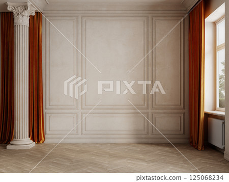 Classic empty interior with column, orange curtains, moldings and parquet wood floor. 3d render illustration mockup. 125068234