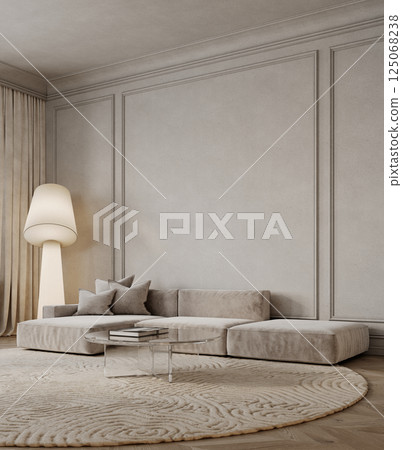 Contemporary classic interior with sofa, round carpet, glass coffee table, floor lamp and moldings. 3d render illustration mockup. Contemporary classic interior with sofa, round carpet, glass coffee table, floor lamp and moldings. 3d render illustration mockup. 125068238