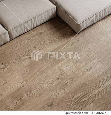 Floor wood planks and sofa in interior, top view, close up. 3d render illustration mockup. Floor wood planks and sofa in interior, top view, close up. 3d render illustration mockup. 125068240