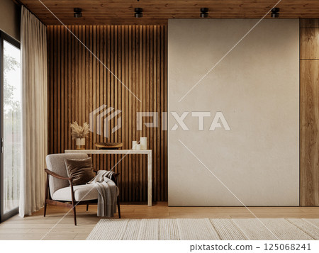 Contemporary loft interior with armchair, wood wall panels, blank wall, console, carpet and decor 3d render illustration mockup. Contemporary loft interior with armchair, wood wall panels, blank wall, console, carpet and decor 3d render illustration mockup. 125068241
