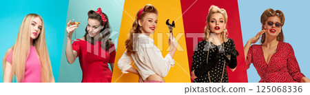 Colorful close-up portraits of women with vintage hair, bold lipstick, polka dots, glasses, and tools. Collage. Colorful close-up portraits of women with vintage hair, bold lipstick, polka dots, glasses, and tools. Collage. 125068336
