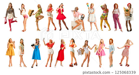 Mixed collage of women in polka dot, pastel, and bold prints posing with props in pin up fashion style. Collage. 125068339