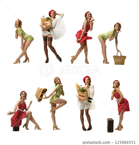 Same young woman in different pink up style outfits, dresses posing against white background. Collage. Same young woman in different pink up style outfits, dresses posing against white background. Collage. 125068351
