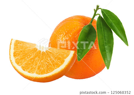 Orange fruit with leaves isolated on white background with full depth of field Orange fruit with leaves isolated on white background with full depth of field 125068352