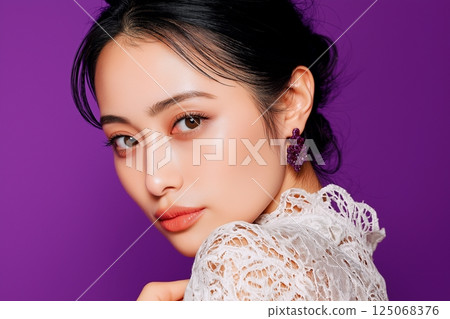 Beautiful skin woman, purple background "AI generated image" 125068376