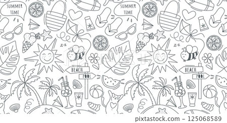 Summer holiday attributes seamless pattern doodle sketch style Summer holiday attributes seamless pattern doodle sketch style 125068589