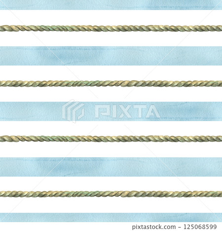 Watercolor blue stripes with a straight rope of brown color. Watercolor illustration hand drawn on the theme of sea and fishing. Seamless pattern on a white background. Watercolor blue stripes with a straight rope of brown color. Watercolor illustration hand drawn on the theme of sea and fishing. Seamless pattern on a white background. 125068599