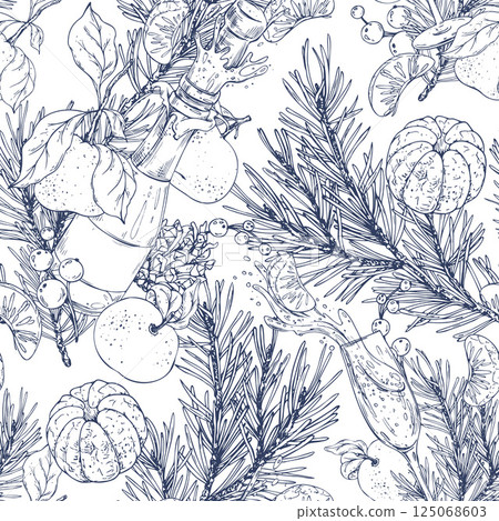 Tangerines with pine branches and cones, champagne in bottles and glasses. Hand drawn Graphic illustration hand drawn in black ink. Seamless pattern EPS vector. 125068603