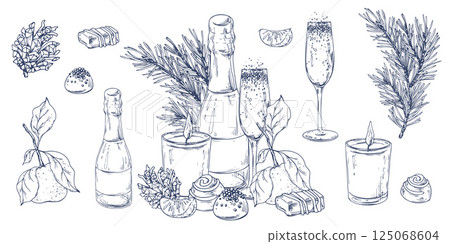 Christmas collection with tangerines, sweets, spices, champagne and plants. Graphic illustration hand drawn in black ink. A set of separate isolated elements of objects EPS vector. 125068604