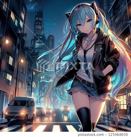 時尚的 Vocaloid、Vocaloid 和美麗的女孩裝飾著夜晚的城市 125068630