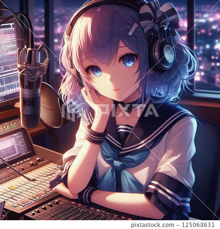 時尚的 Vocaloid、Vocaloid 和美麗的女孩裝飾著夜晚的城市 125068631