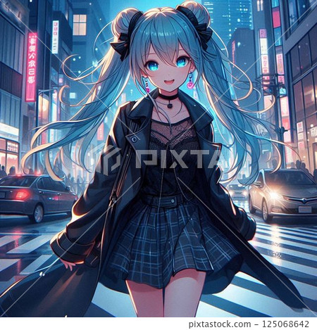 時尚的 Vocaloid、Vocaloid 和美麗的女孩裝飾著夜晚的城市 125068642