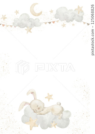 Watercolor Bunny sleeping on a cloud among stars and moon. Illustration of Template with Rabbit in pastel colors for Baby shower greeting cards or childish invitations. Art for nursery posters. 125068826