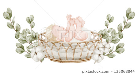 Watercolor illustration of a Baby lying in a wicker Basket with cotton flowers and eucalyptus branches. Drawing of cute Infant in cradle for baby shower greeting cards or newborn party invitations. 125068844