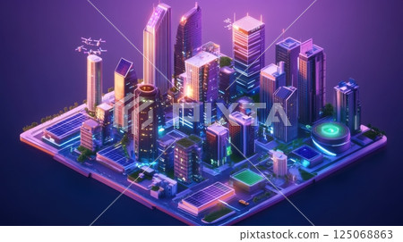 A futuristic isometric smart city in 3D with drones, green rooftops, and solar energy - perfect for visualizing digital urban concepts. 125068863