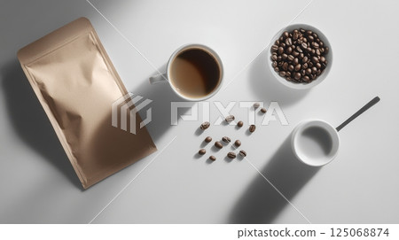 Flatlay mockup with branded coffee packaging and beans on a clean background - ideal for minimalist coffee advertising and identity design. 125068874