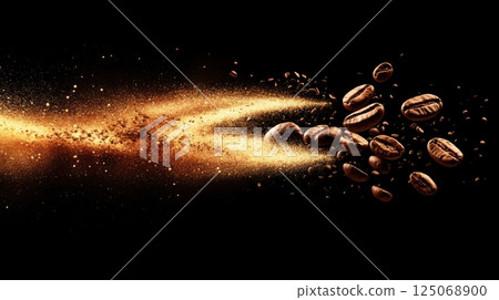 Exploding roasted coffee beans on dark background - bold, energetic visual perfect for caffeine and performance-boosting product campaigns. 125068900