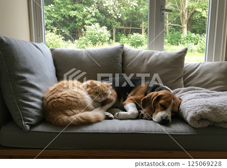 Beagle dog and ginger cat sleeping on sofa 125069228