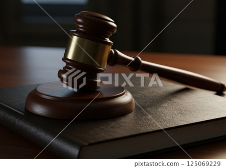 Wooden gavel resting on a law book 125069229