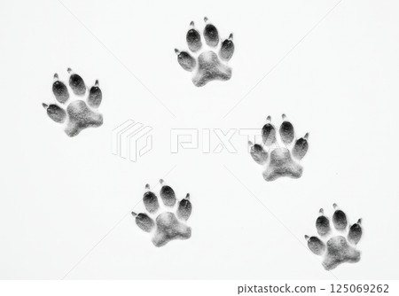 Five paw prints on a white surface showing four toes and a pad each 125069262