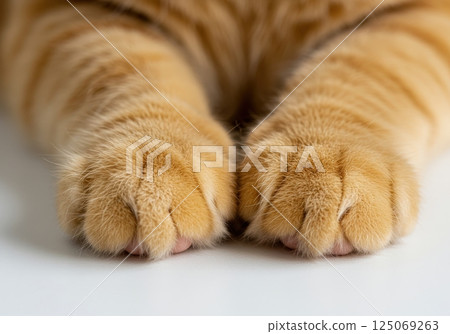 Fluffy paws of a cat resting quietly on a soft surface in a cozy indoor setting 125069263