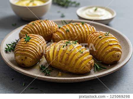 Savory Swedish Hasselback potatoes with herbs and creamy sauce served on a rustic plate 125069298