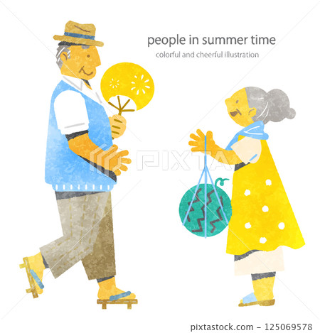 Senior couple enjoying summer - Colorful and fun watercolor illustration 125069578
