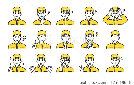 戴著帽子的中年男性工人的各種面部表情圖示集 125069666
