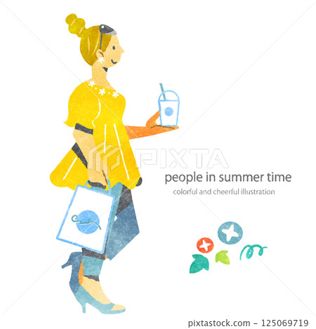 享受夏天的年輕女子 — 色彩繽紛、有趣的水彩畫 享受夏天的年輕女子 — 色彩繽紛、有趣的水彩畫 125069719