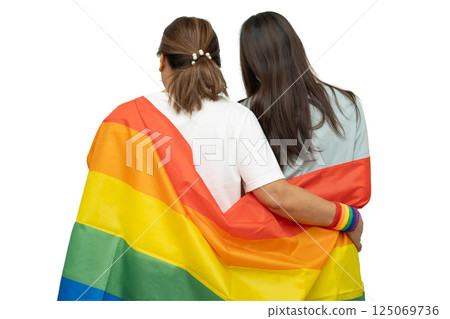 Asian couple woman with LGBT rainbow flag. Asian couple woman with LGBT rainbow flag. 125069736