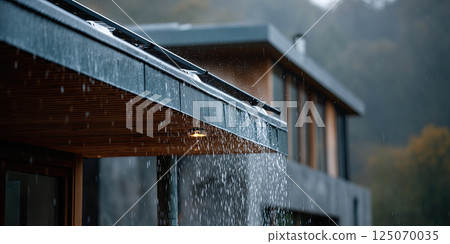 Modern house with rainwater cascading from roof, creating serene and moody atmosphere Modern house with rainwater cascading from roof, creating serene and moody atmosphere 125070035
