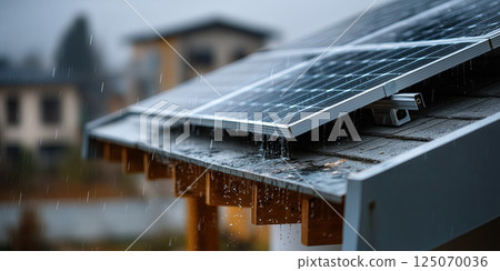 Solar panels on roof during rainy day, showcasing sustainability and renewable energy Solar panels on roof during rainy day, showcasing sustainability and renewable energy 125070036