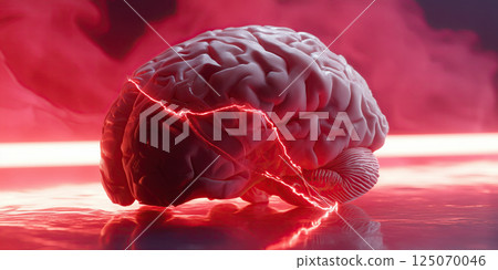 human brain with glowing red cracks and dramatic red background, symbolizing stress or danger 125070046