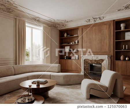 Classic interior with wood panels, fireplace, bookshelves, sofa, armchair, coffee tables and decor. 3d render illustration mockup. Classic interior with wood panels, fireplace, bookshelves, sofa, armchair, coffee tables and decor. 3d render illustration mockup. 125070063