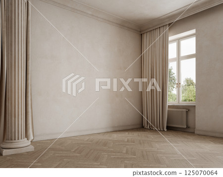 Classic beige empty interior with column, curtains and parquet wood floor. 3d render illustration mockup. 125070064
