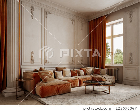 Classic beige interior with orange sofa and curtains, pillows, moldings, column, fur carpet, coffee table and wood floor, 3d render illustration mockup. 125070067