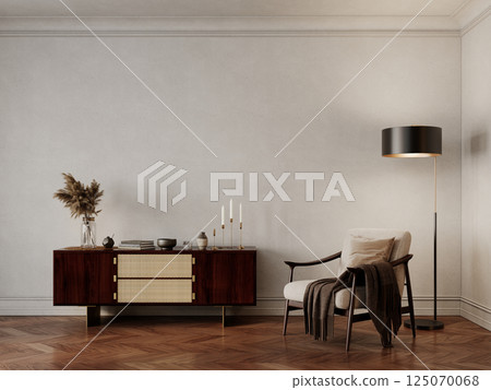 Classic interior with dresser, armchair, floor lamp, brown wood chevron floor and blank wall. 3d render illustration mockup. Classic interior with dresser, armchair, floor lamp, brown wood chevron floor and blank wall. 3d render illustration mockup. 125070068