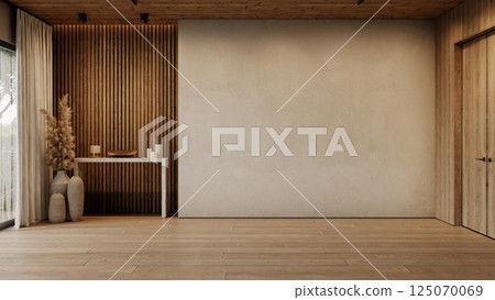 Contemporary loft empty interior with blank wall, wall panels, pampas grass and marble console. 3d render illustration mockup. 125070069