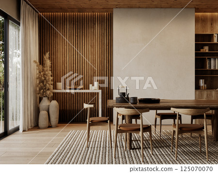 Contemporary loft interior with dining table, blank wall, chairs, wood panels and ceiling, carpet and decor. 3d render illustration mockup. 125070070