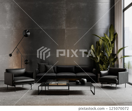Minimalist hitech gray interior with black leather sofa and armchair, metal wall panels coffee table, terrazzo tile and plants. 3d render illustration mockup. Minimalist hitech gray interior with black leather sofa and armchair, metal wall panels coffee table, terrazzo tile and plants. 3d render illustration mockup. 125070072