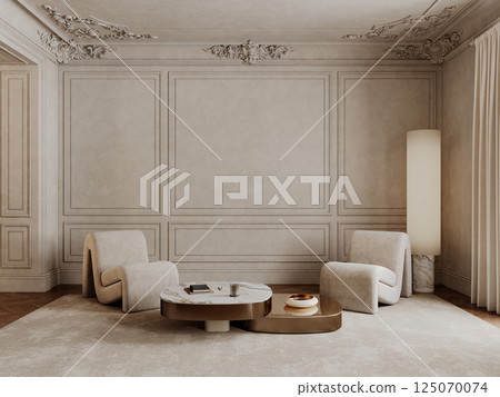 Classic beige interior with armchairs, coffee tables, carpet, floor lamp and decor. 3d render illustration mockup. 125070074
