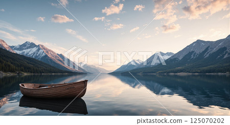 Boat Lake Mountains Wooden rowboat floating on tranquil mountain lake at sunset 125070202